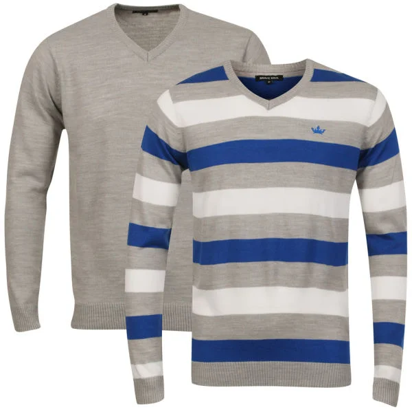 Brave Soul Men's 2 Pack V Neck Knit - Light Grey, Royal & White Stripe - S - Grey/ Royal / White Afbeelding 1