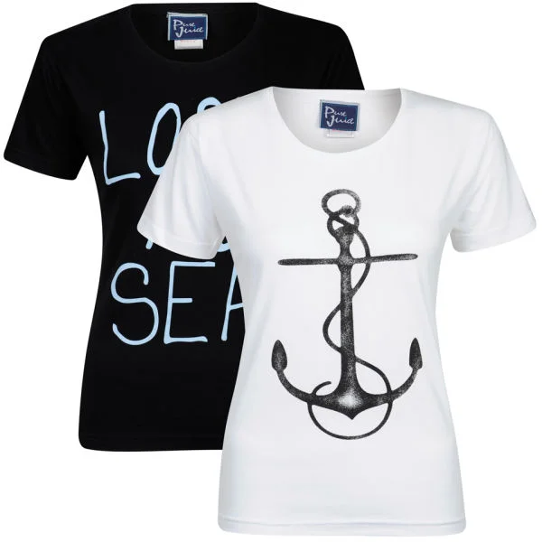 Pure Juice Women's 2 Pack Anchor & Lost at Sea Graphic T-Shirt - White/Black - S - White/Black Afbeelding 1