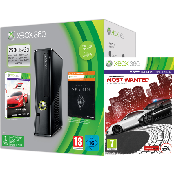 Xbox 360 250GB Holiday Need for Speed Bundle (Includes Need for Speed Most Wanted, Forza 4 'Essentials Edition', Skyrim 'Live DLC', 1 Month Xbox Live) Afbeelding 1