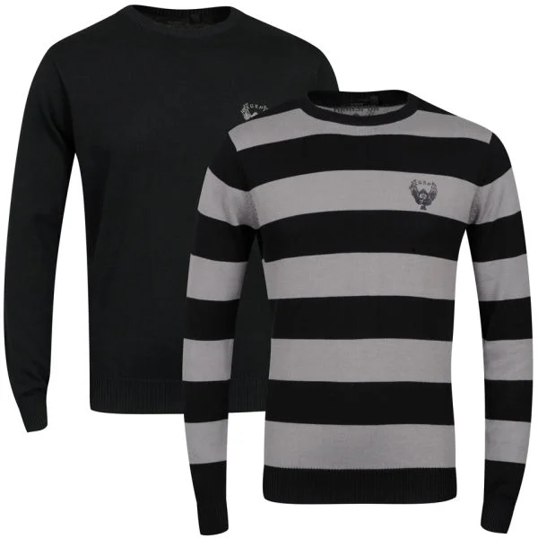 Ringspun Men's 2-Pack Hope Crew Neck Jumper - Solid Black/Black Stripe - S Afbeelding 1
