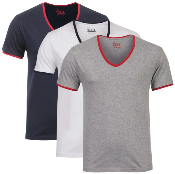 55 Soul Men's 3-Pack V-Neck T-Shirt - Navy/Grey Marl/White - S - Multi Afbeelding 1
