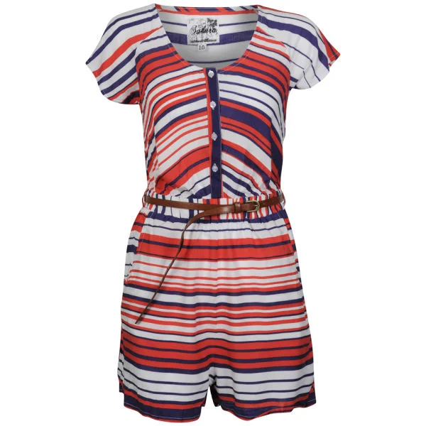 Sakura Women's Playsuit with Belt - Coral/White/Navy Stripe - 8 - Coral/White/Navy Stripe Afbeelding 1