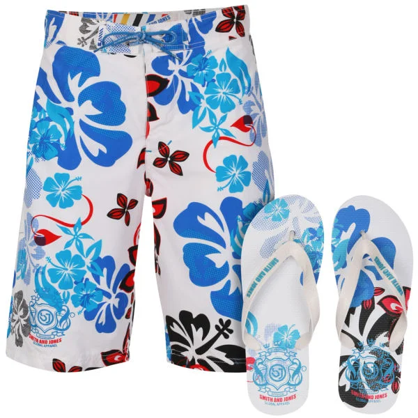 Smith & Jones Kye Men's Swim Shorts and Flip Flops - White - S - Wit Afbeelding 1