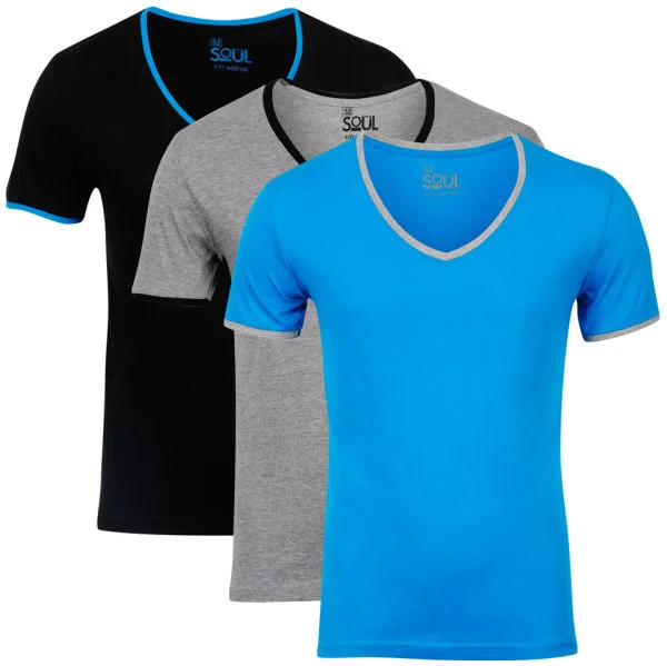 55 Soul Men's 3-Pack V-Neck T-Shirt - Blue/Grey Marl/Black - S - Multi Afbeelding 1