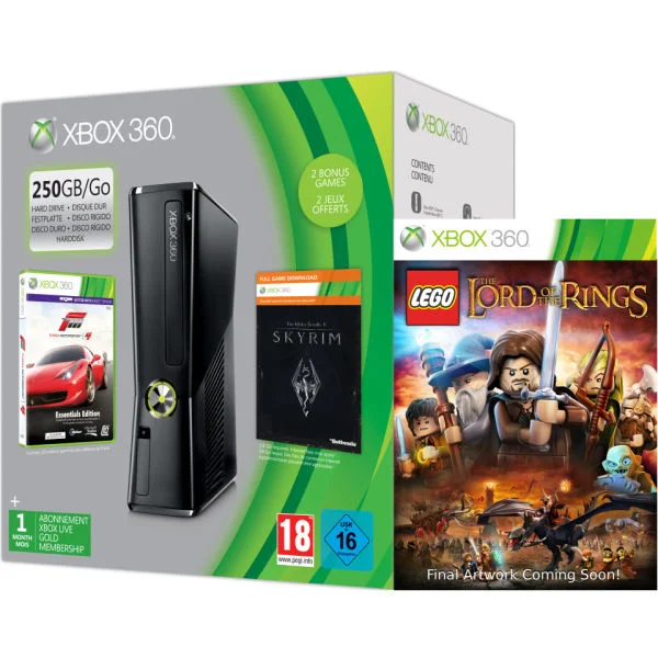 Xbox 360 250GB Holiday LEGO LOTR Bundle (Includes LEGO: Lord of the Rings, Forza 4 'Essentials Edition', Skyrim 'Live DLC', 1 Month Xbox Live) Afbeelding 1