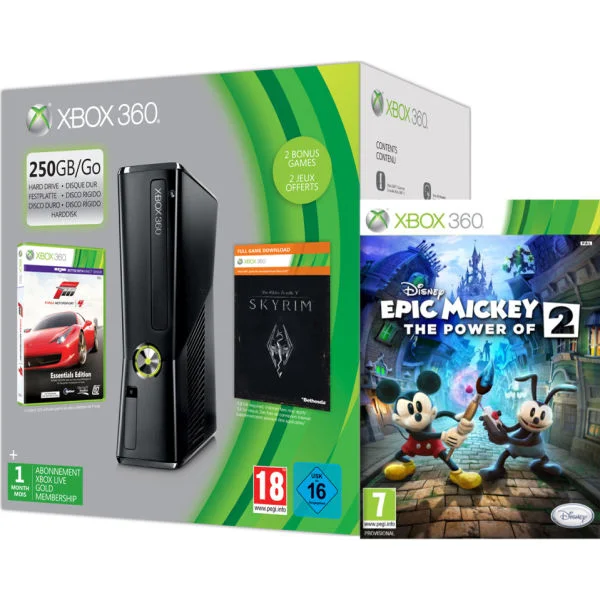 Xbox 360 250GB Holiday Mickey Bundle (Includes Disney's Epic Mickey: The Power Of 2, Forza 4 'Essentials Edition', Skyrim 'Live DLC', 1 Month Xbox Live) Afbeelding 1