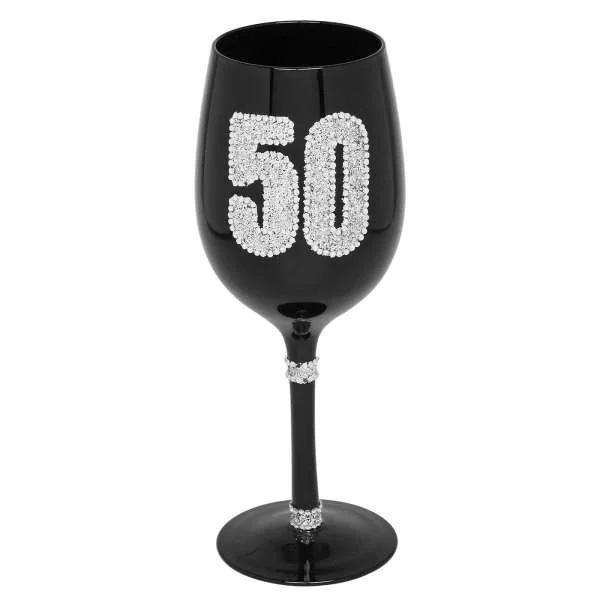 Black Diamante Wine Glass - 50th Birthday Afbeelding 1