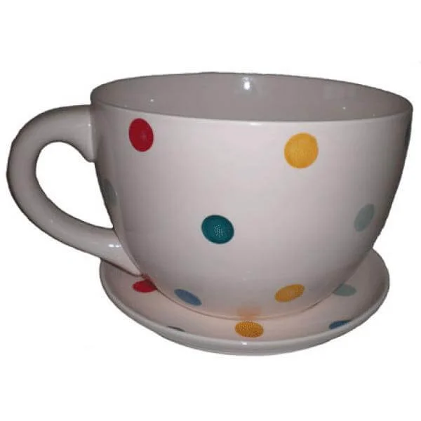 Giant Cream with Multi Coloured Spots Tea Cup and Saucer Planter - Great Gift Afbeelding 1
