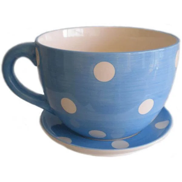 Giant Blue and White spot Tea Cup and Saucer Planter - Great Gift Afbeelding 1