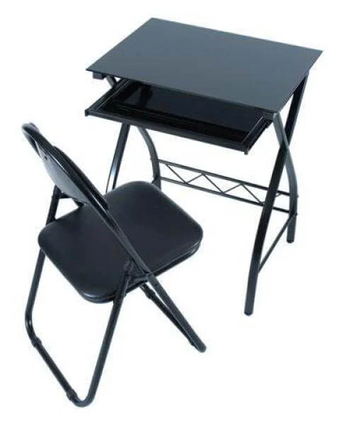 LEVV black glass computer desk and chair set Afbeelding 1