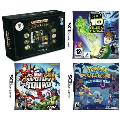Nintendo DS Lite Black: Bundle (including Professor Layton, Ben 10 Alien Force, Marvel: Super Hero Squad & Pokémon Mystery Dungeon Blue) Afbeelding 1