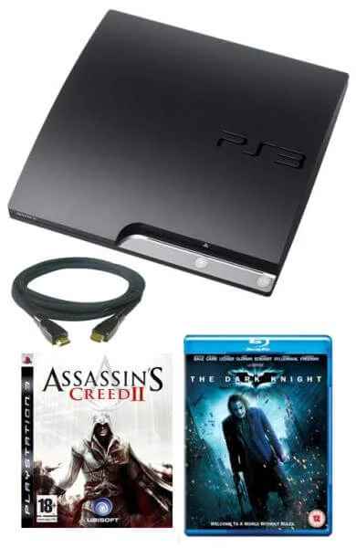 Playstation 3 PS3 Slim 120GB Console: Bundle (including Dark Knight Blu Ray, Assassins Creed 2 & 2M HDMI Cable) Afbeelding 1