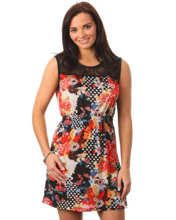 Iska Ladies Lace Panel Dress with Red Pattern - Black - S - Zwart Afbeelding 1