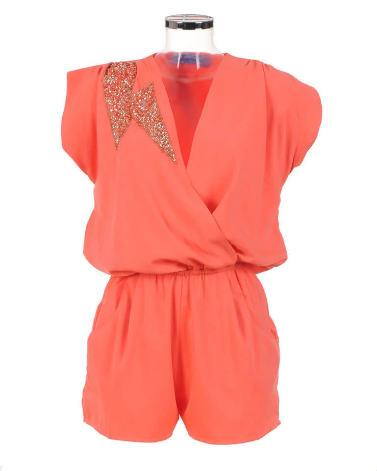 Liquorish Sequin Embelishment Playsuit - Coral/Gold - S - Goud Afbeelding 1