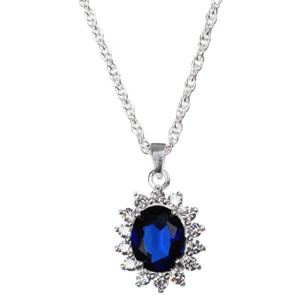 Silver Plated Pendant Necklace with Sapphire Effect Centre - in the style of Kate Middleton - One size - Silver Afbeelding 1