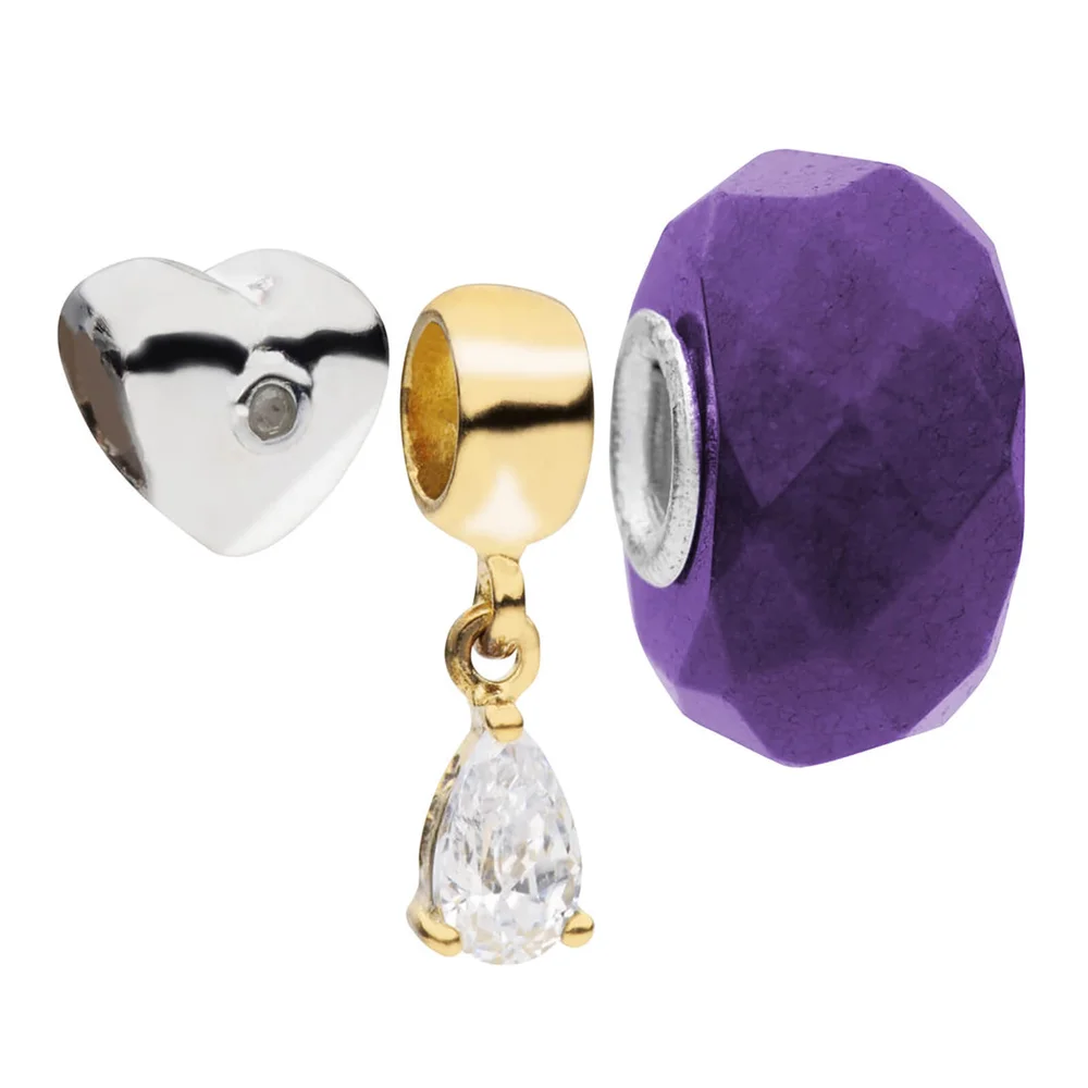Amadora Silver Heart And Crystal Beads Pack of 3 Charms Set - Silver Afbeelding 1