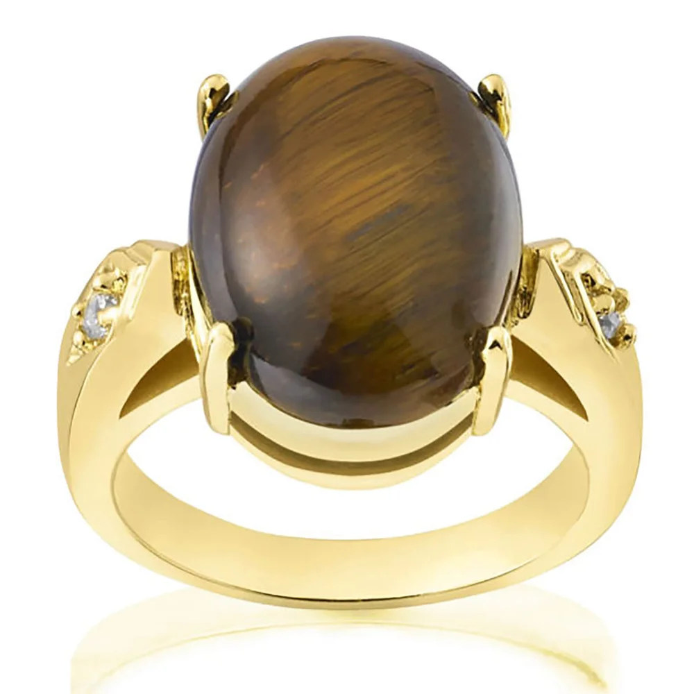 Gold Plated Genuine Oval Tiger Eye Ring - J Afbeelding 1