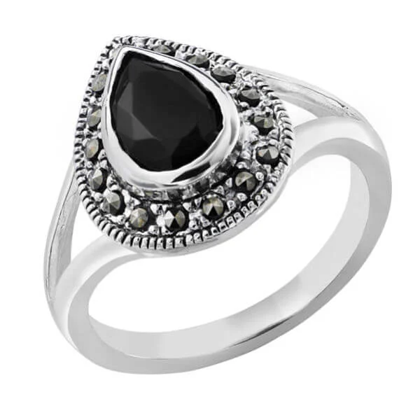 Silver Plated Pear Shaped Onyx Ring - J Afbeelding 1