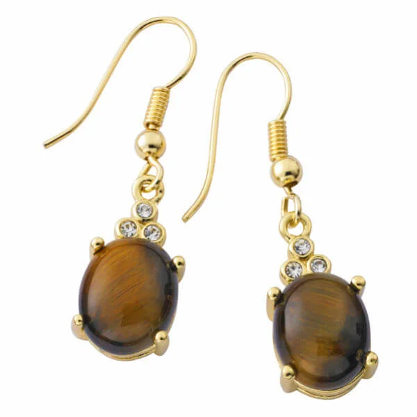 Gold Plated Genuine Oval Tiger Eye Earrings - One size Afbeelding 1