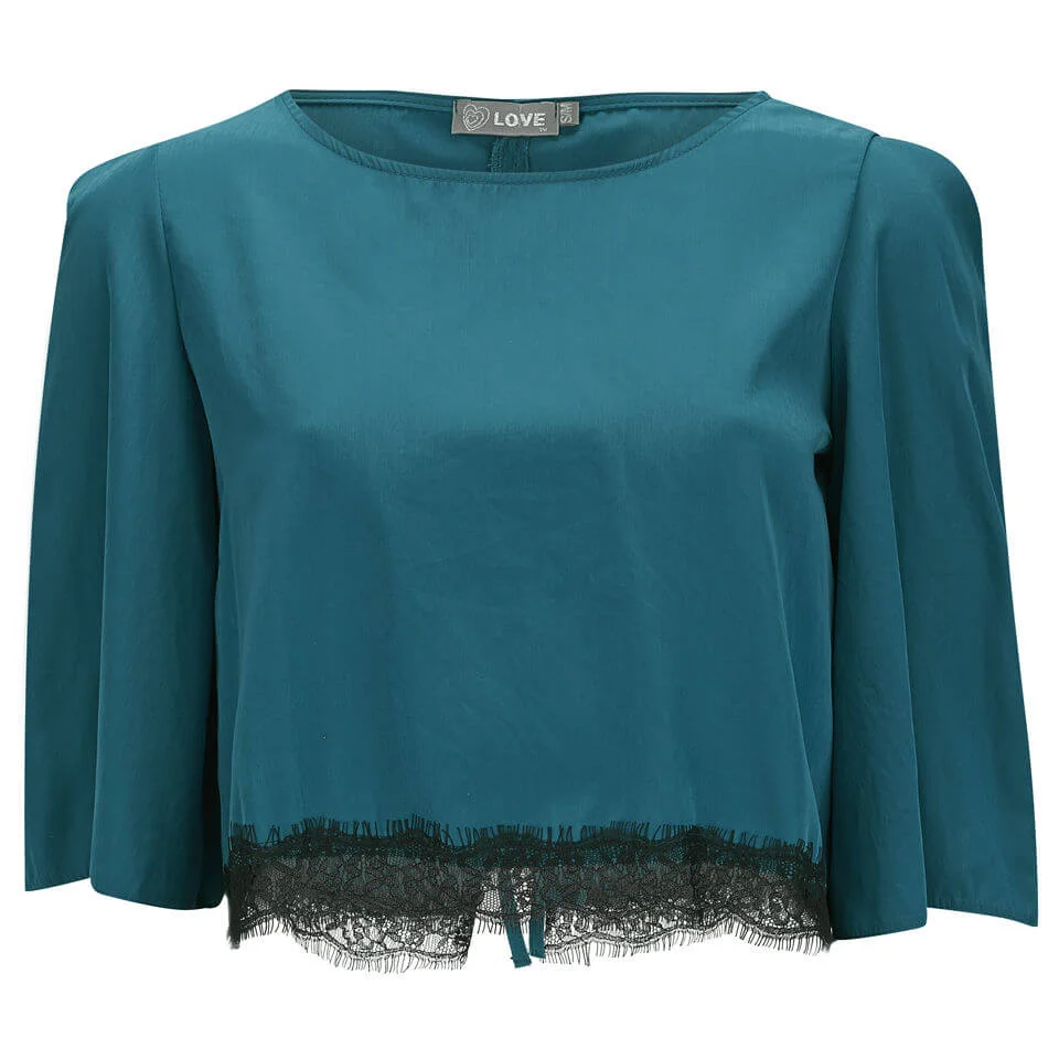 LOVE Women's Lace Edge Tie Back Crop Top - Blue - M-L Afbeelding 1