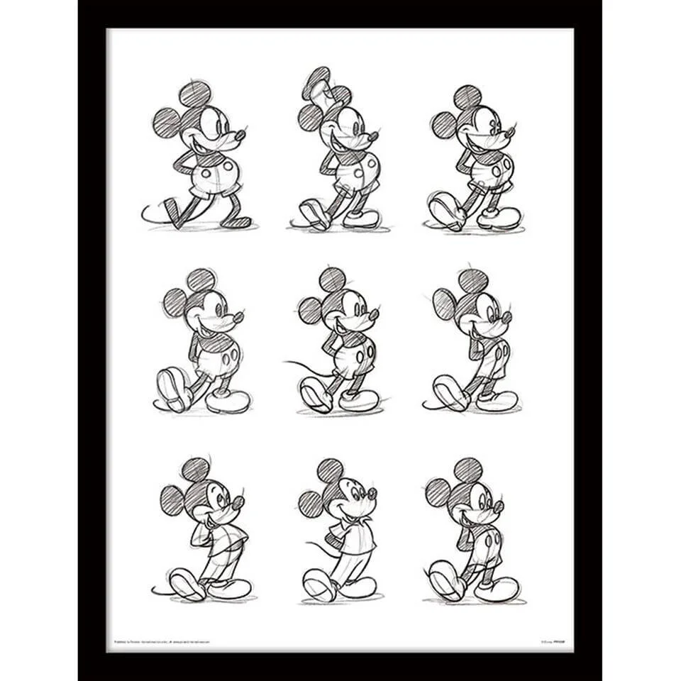 Mickey Mouse Sketched - Framed 30x40cm Print Afbeelding 1