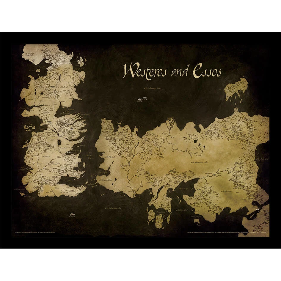 Game of Thrones - Westeros And Essos Antique Map - Framed 30x40cm Print Afbeelding 1