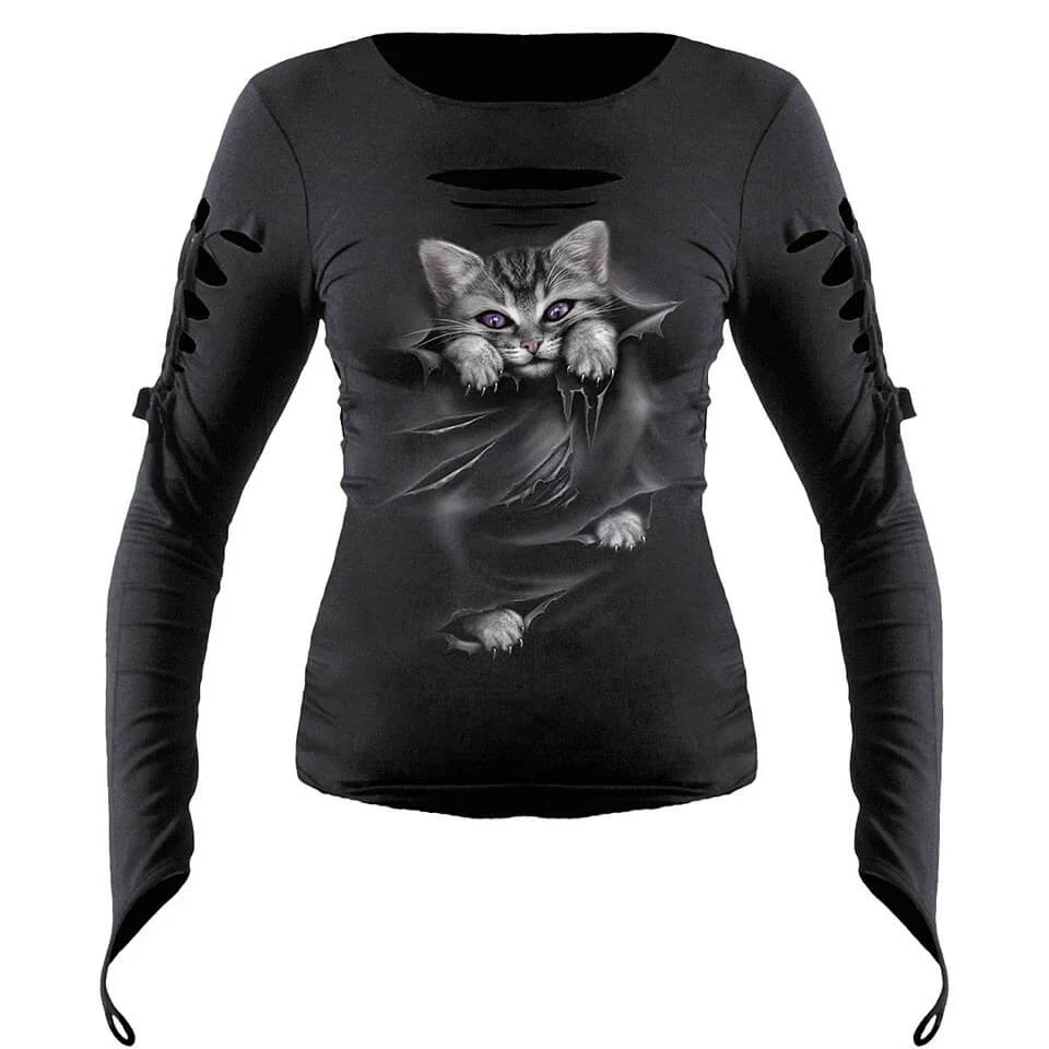 Spiral Women's BRIGHT EYES Slashed Goth Glove Top - Black - M - Zwart Afbeelding 1