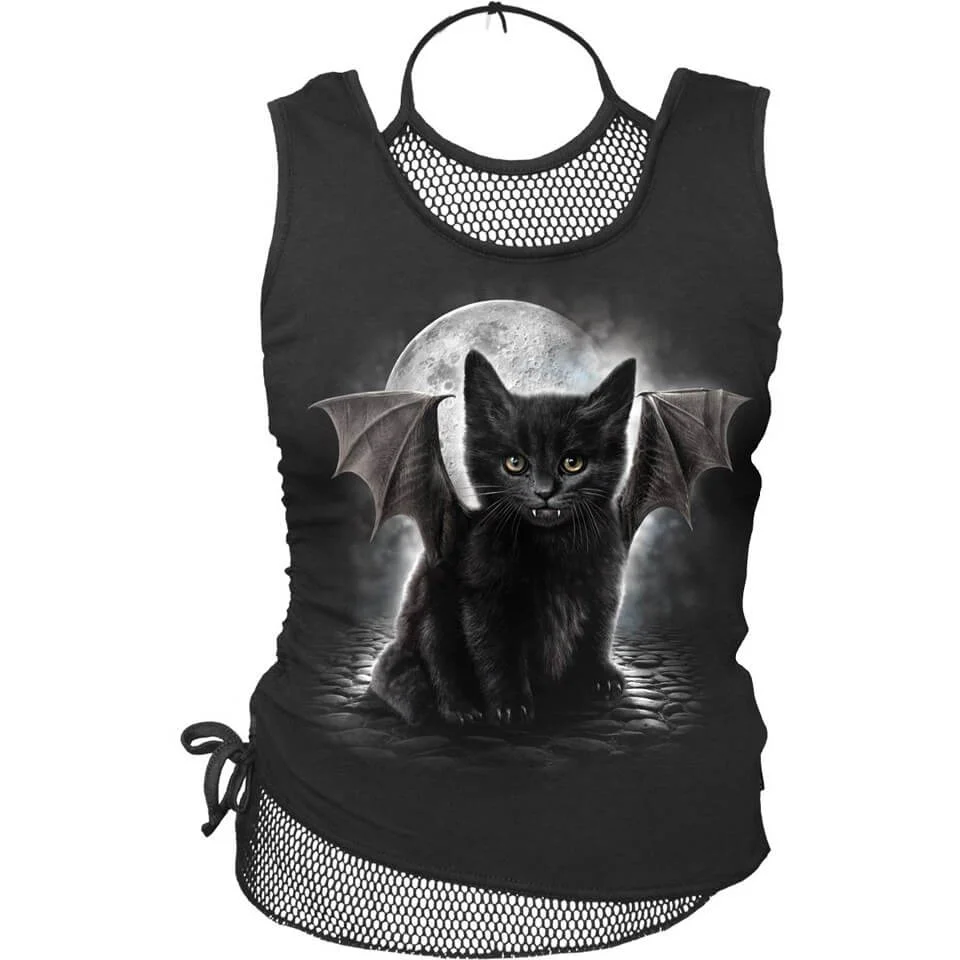 Spiral Women's BAT CAT 2 in 1 Neck Tie Mesh Top - Black - M - Zwart Afbeelding 1