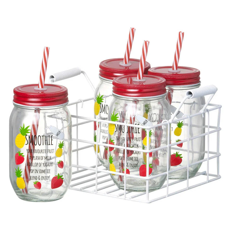 Parlane Smoothie Jars with Straws - Clear/Red (Set of 4) Afbeelding 1