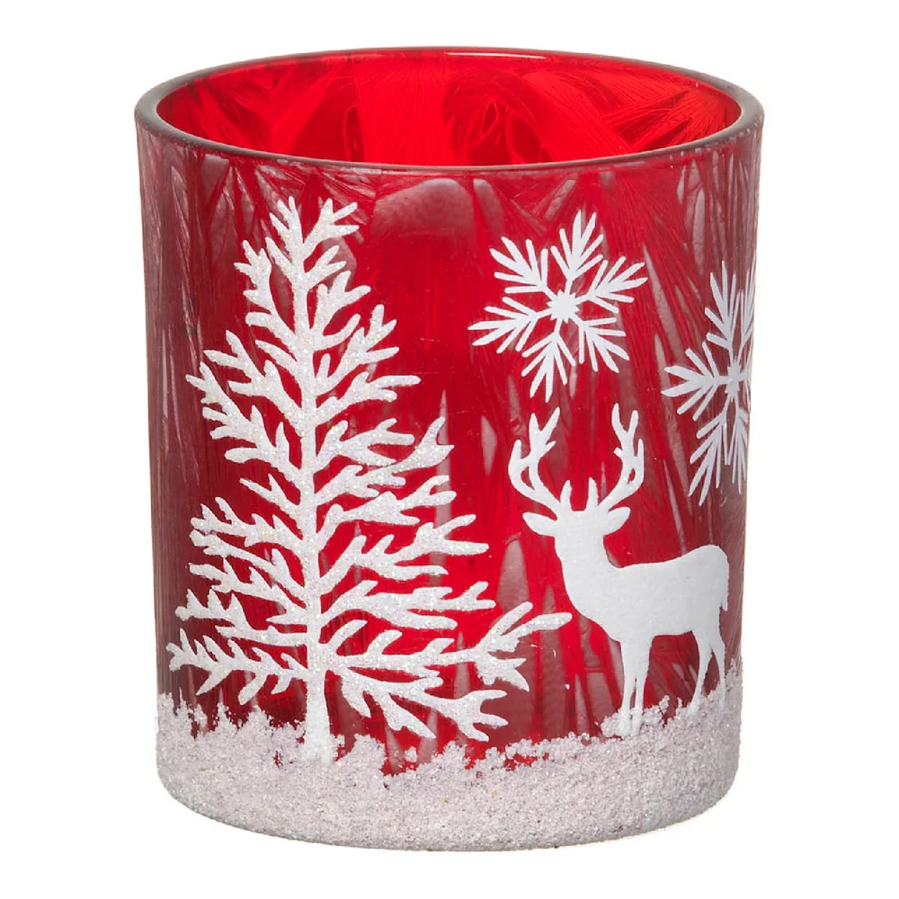 Parlane Winter Forest Glass Tealight Holder - Red (8 x 7.5cm) Afbeelding 1