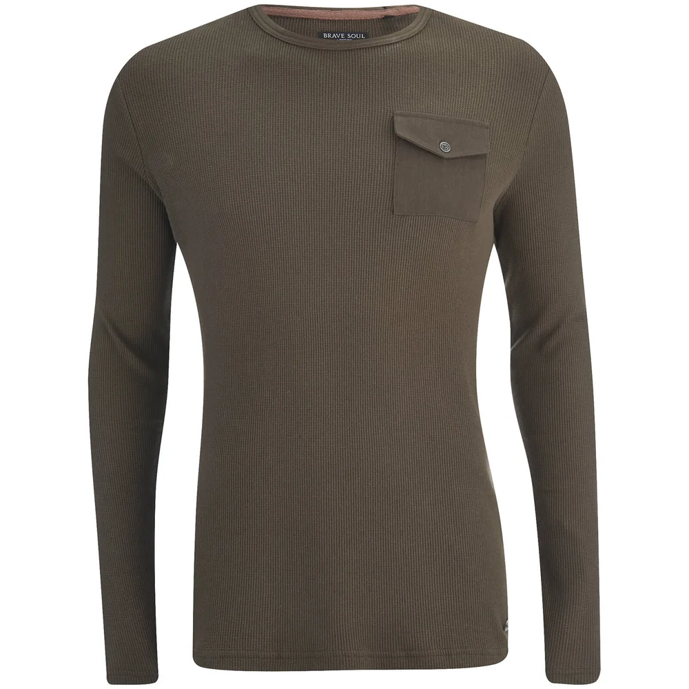 Brave Soul Men's Radar Long Sleeve Top - Dark Khaki - S - Groen Afbeelding 1