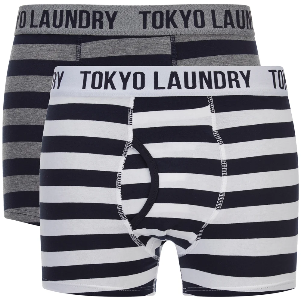 Tokyo Laundry Men's Esterbrooke 2 Pack Striped Boxers - True Navy/Optic White - S - Blauw/Wit Afbeelding 1