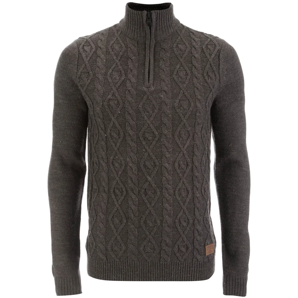 Threadbare Men's Furrow Zip Neck Cable Jumper - Charcoal Marl - S - Grijs Afbeelding 1