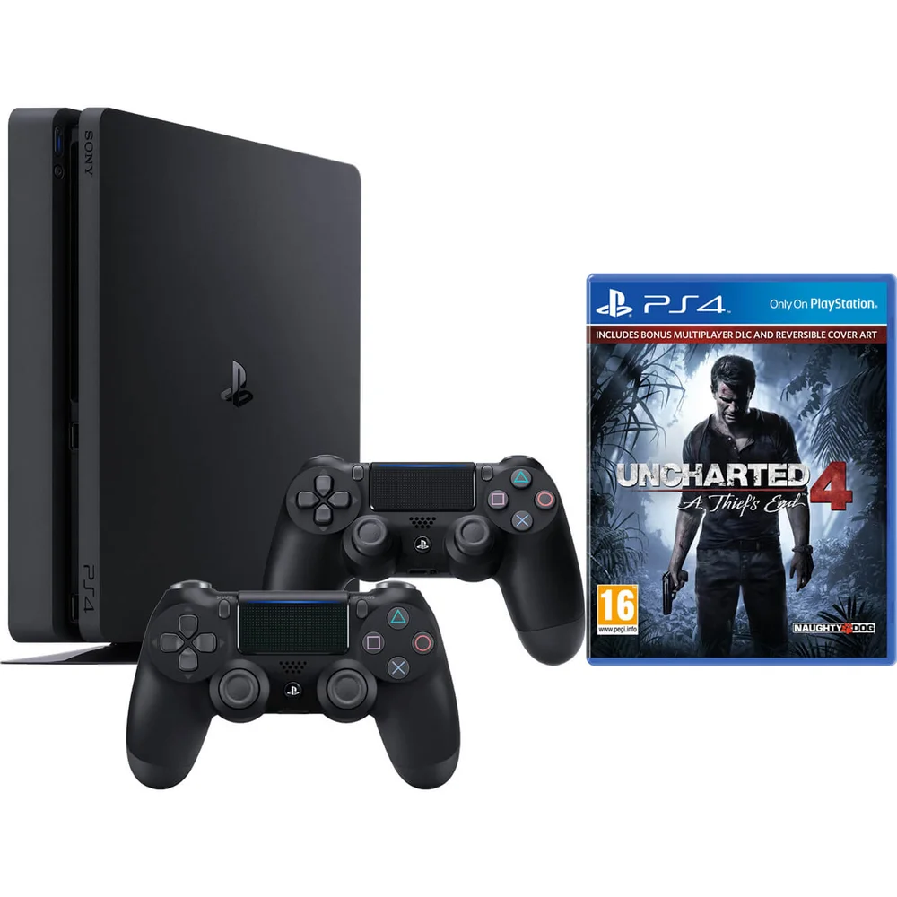 Sony Playstation 4 Slim 500GB Console with Uncharted 4 and DualShock 4 Controller V2 – Black Afbeelding 1