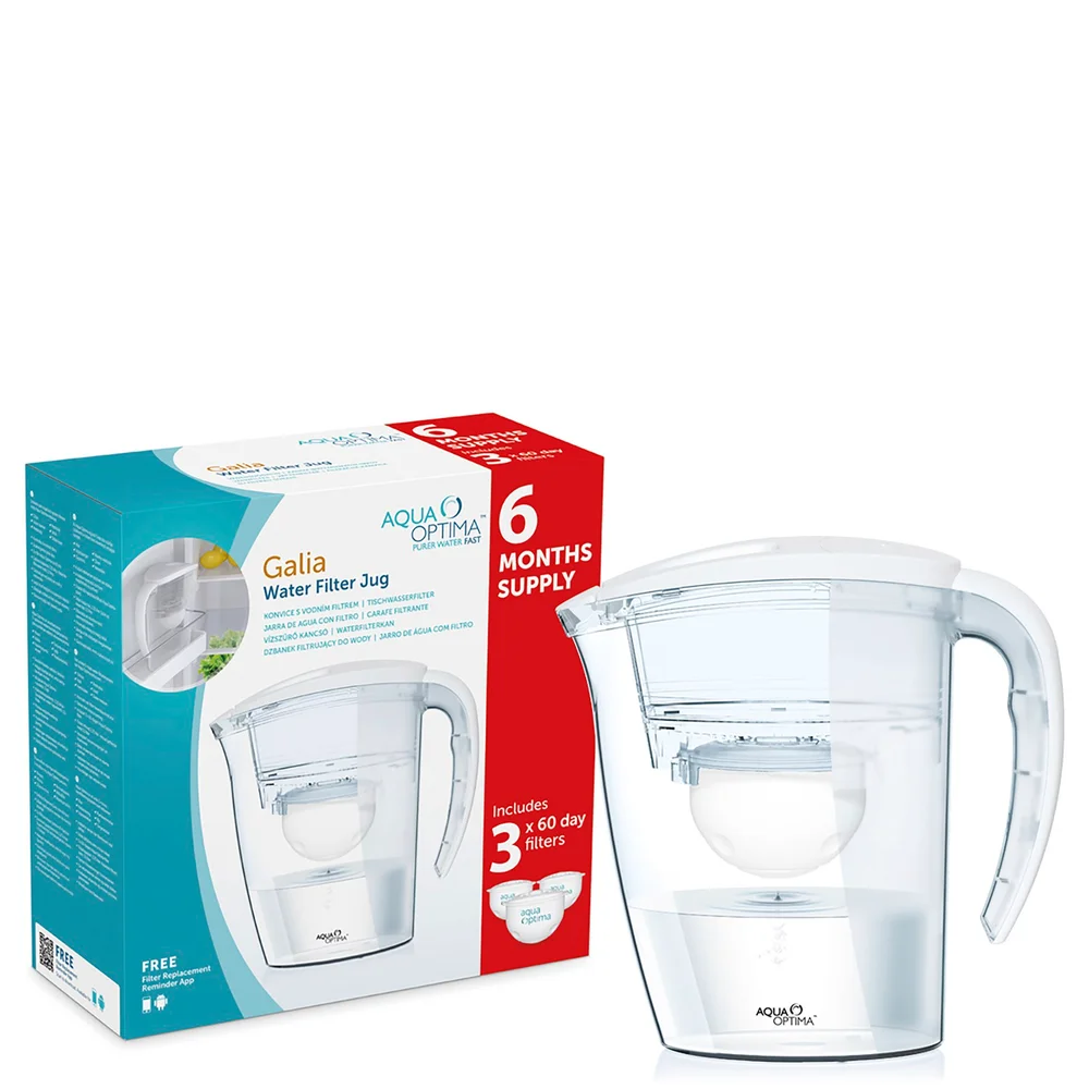 Aqua Optima 2.25L White Galia Water Filter Jug with 3 x 60 Day Evolve Filter Cartridges (6 Month Bundle) Afbeelding 1