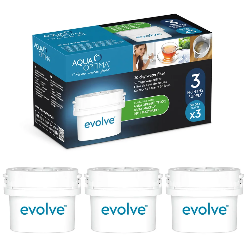 Aqua Optima 3 x 30 Day Evolve Water Filter Cartridges Fits BRITA MAXTRA Jugs (3 Month Pack) Afbeelding 1