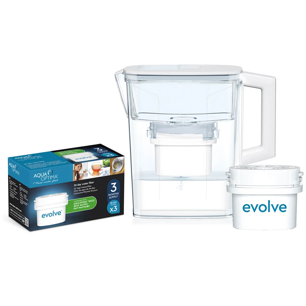 Aqua Optima 2.1L White Compact Water Filter Jug with 3 x 30 Day Evolve Filter Cartridges (3 Month Bundle) Afbeelding 1