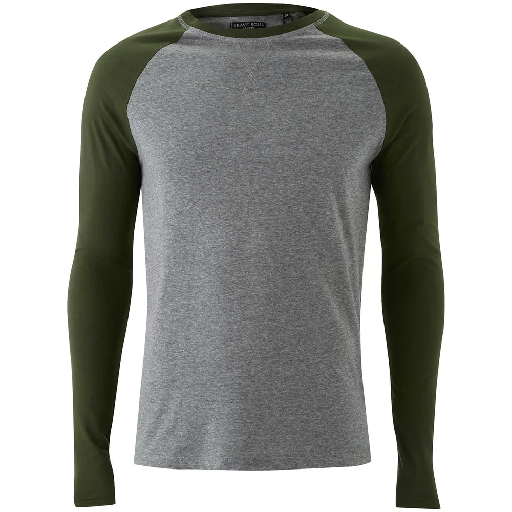 Brave Soul Men's Osbourne Raglan Long Sleeve Top - Mid Grey/Khaki - S - Groen Afbeelding 1