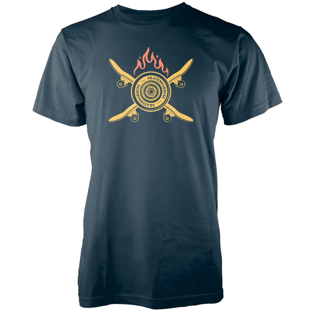 Crossed Flaming Skateboard Navy T-Shirt - S - Navy blauw Afbeelding 1