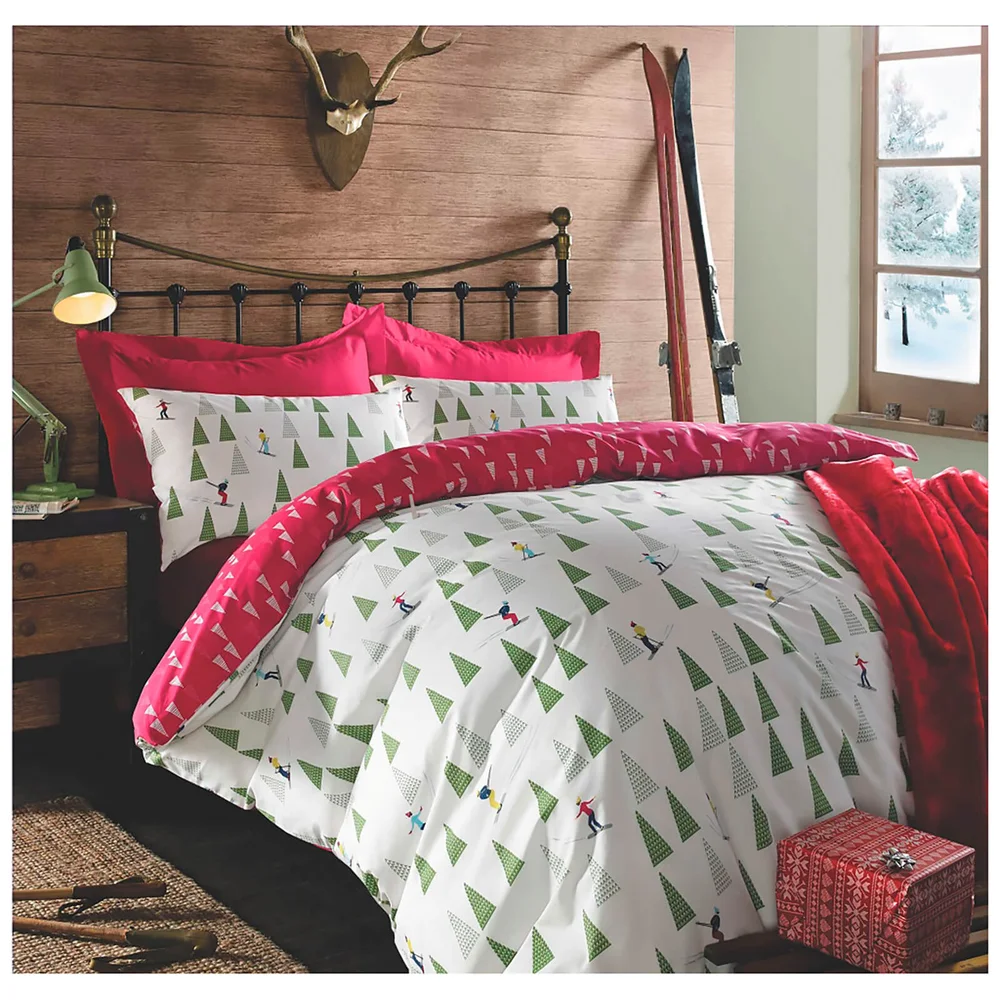 Dreamscene Christmas Ski Duvet Set - Red - Double Afbeelding 1