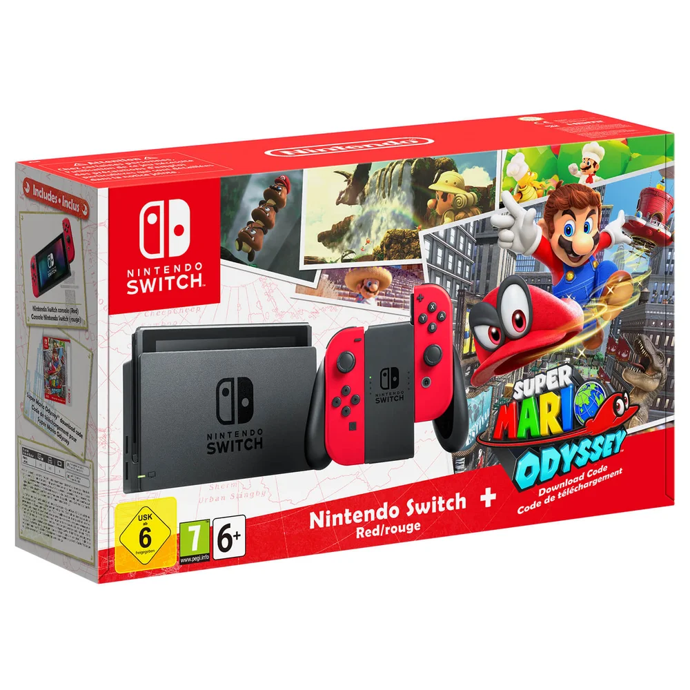 Nintendo Switch with Red Joy-Con Controllers + Super Mario Odyssey Afbeelding 1