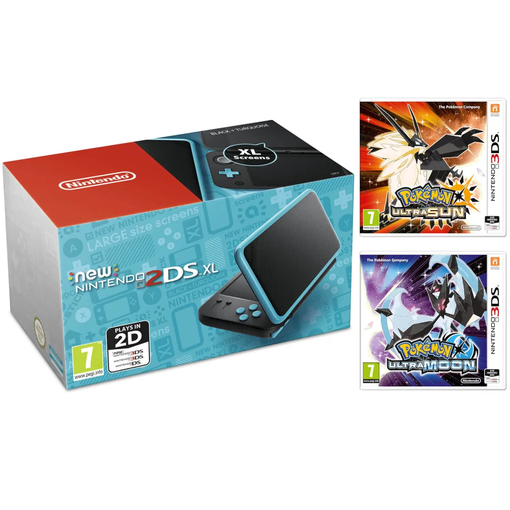 New Nintendo 2DS XL Black & Turquoise with Pokémon Ultra Sun & Moon Afbeelding 1