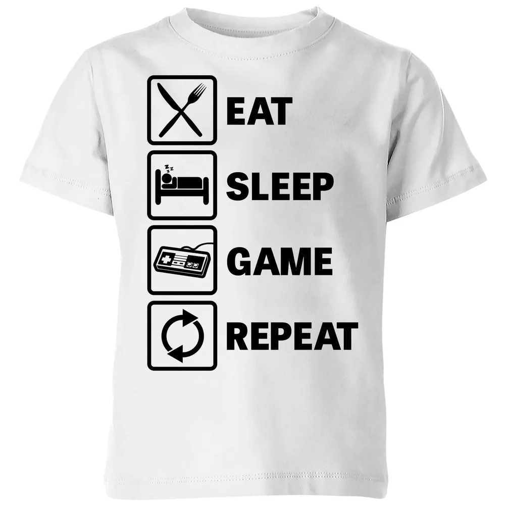 Eat Sleep Game Repeat Kids' T-Shirt - White - 98/104 (3-4 jaar) - Wit Afbeelding 1