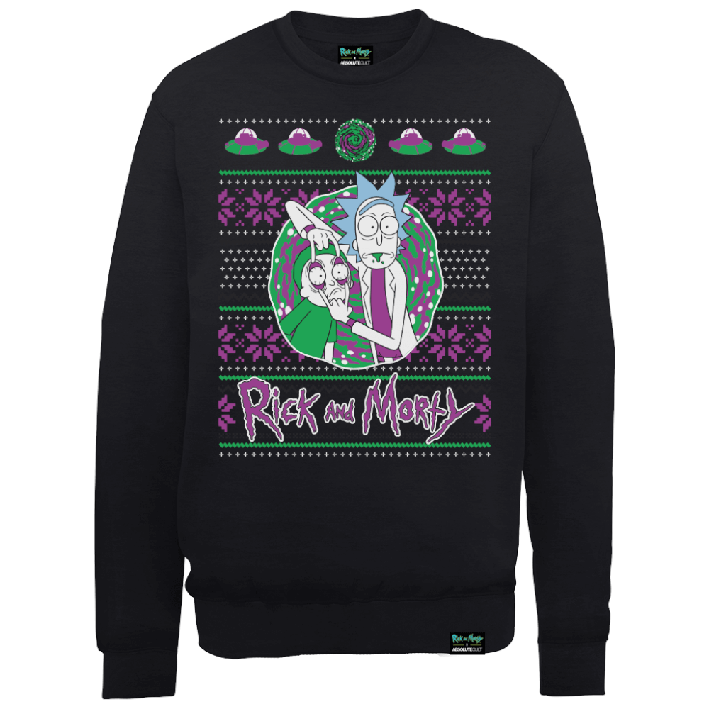 Rick And Morty Portal Men's Black Christmas Sweatshirt - S Afbeelding 1