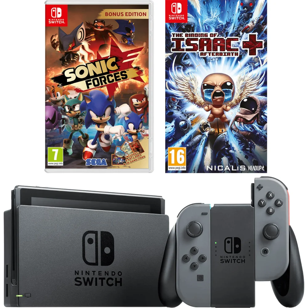 Nintendo Switch Console with Grey Joy-Con, Sonic Forces & The Binding of Issac Afbeelding 1