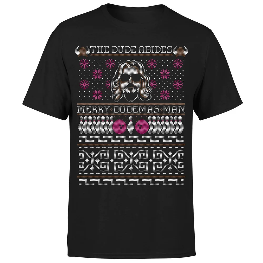 The Dude Abides Merry Dudemas Man Men's Christmas T-Shirt - Black - S Afbeelding 1