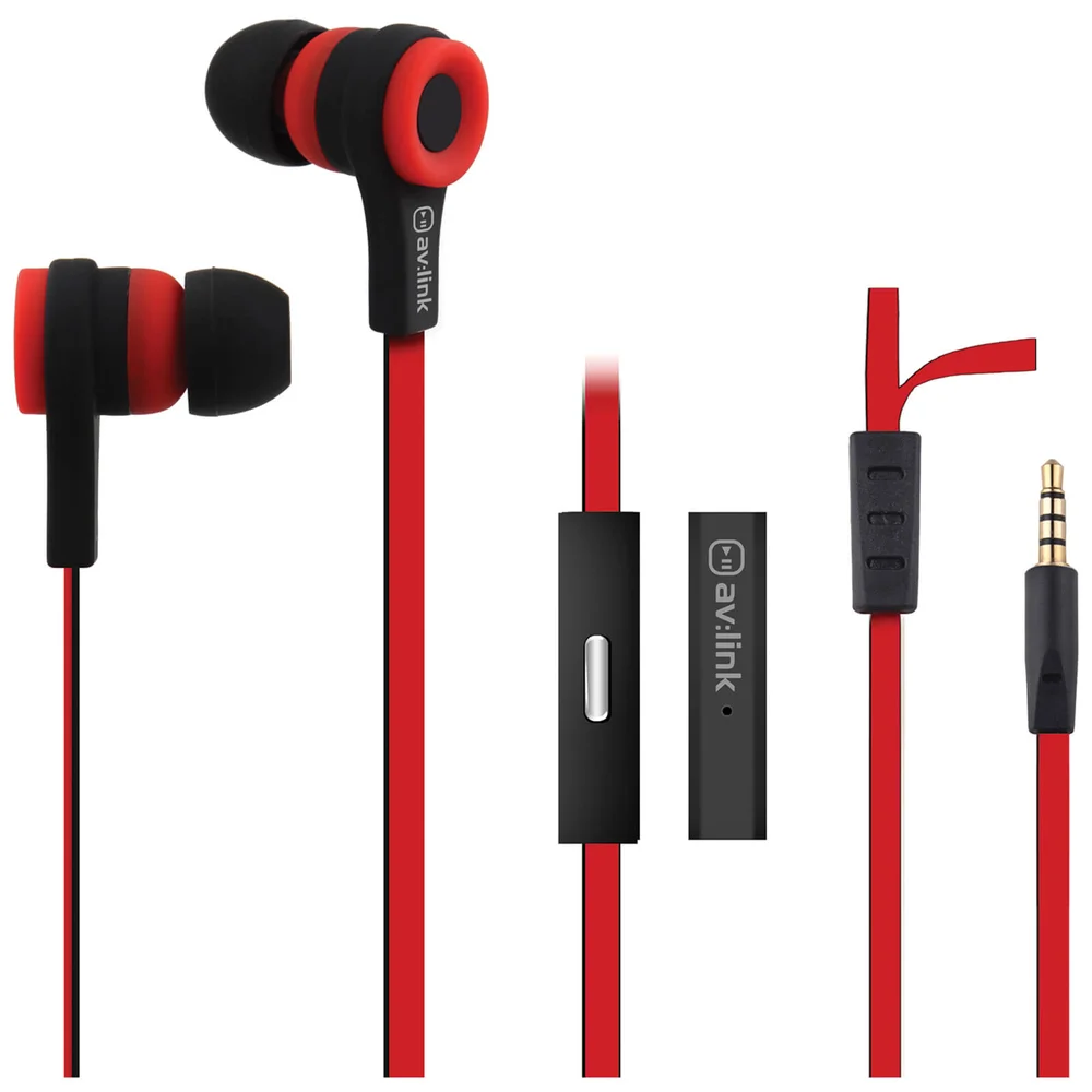 AV: Link Rubberised Tangle Free Cable Earphones with Mic - Red/Black Afbeelding 1