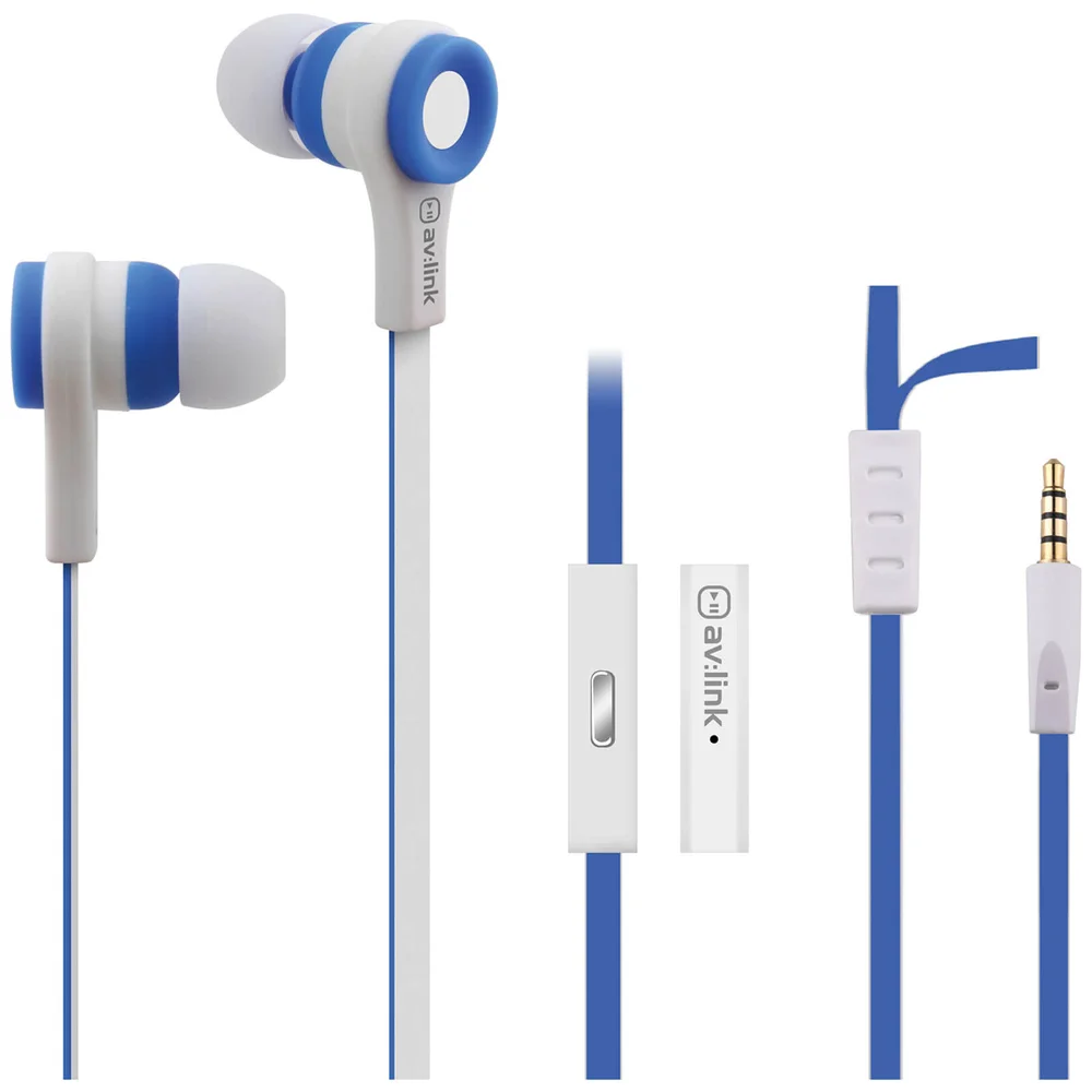 AV: Link Rubberised Tangle Free Cable Earphones with Mic - White/Blue Afbeelding 1