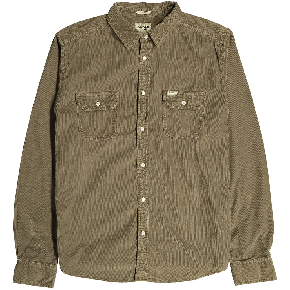 Wrangler Men's 2 Pocket Micro Cord Shirt - Army Green - S Afbeelding 1