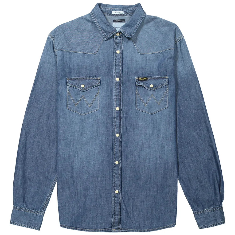 Wrangler Men's Western Denim Shirt - Mid Indigo - S - Blauw Afbeelding 1